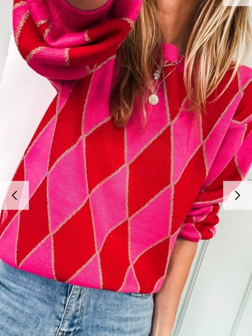 Women's Size M Sweater Red Pink Argyle Print Diamond Metallic Soft Cozy Preppy